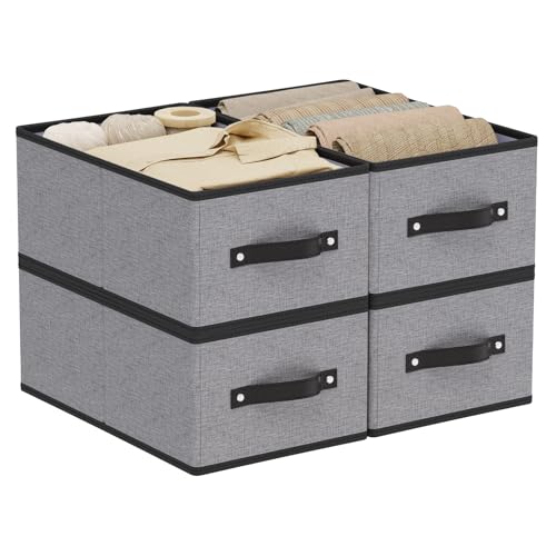 YheenLf Clothing Storage Bins,16.1 × 9.8 × 6.5 inches Closet Bin with Handles, Foldable Cubes, Fabric Containers for Organizing Shelves, Gray, Large, 4 Pack - Image 1