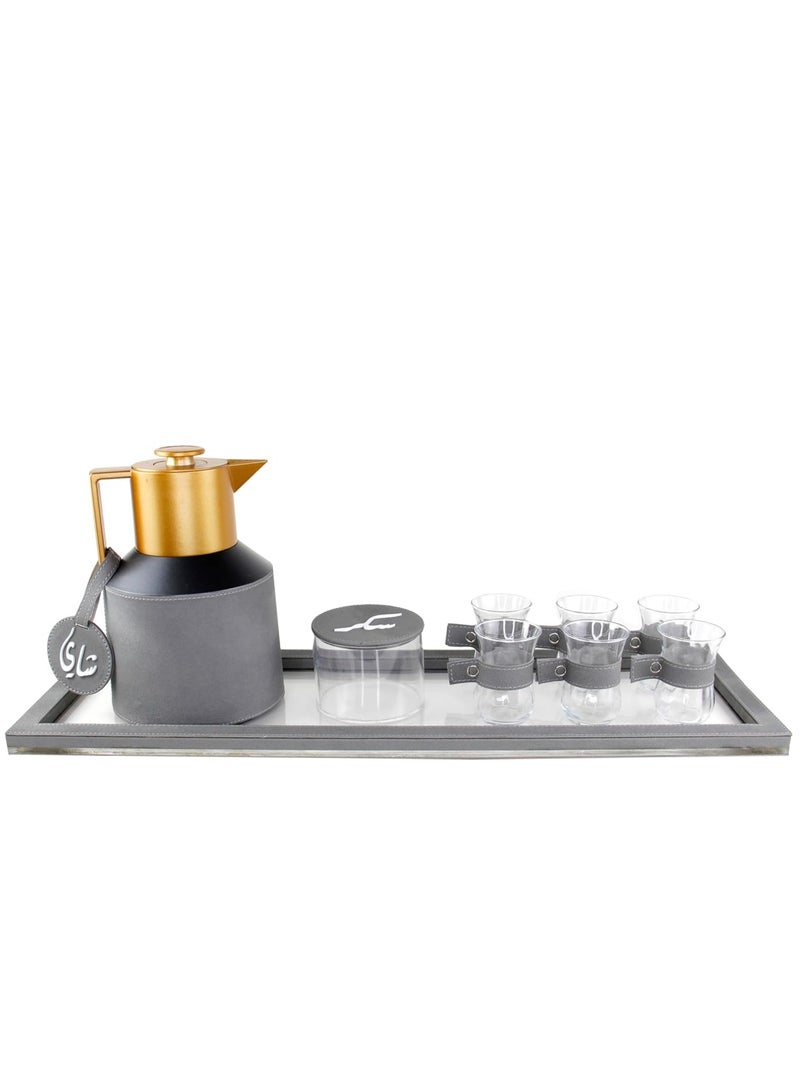 LAMSIT IBDAA Coffee Thermo Flask | Coffee and Tea Vacuum Pot - 1.0 Litre Dallah Arabic Carafe – Drink Cups – Leather Hospitality Set - Heat Insulated Dalla (Grey, Set of tea with rectangular tray) - Image 1