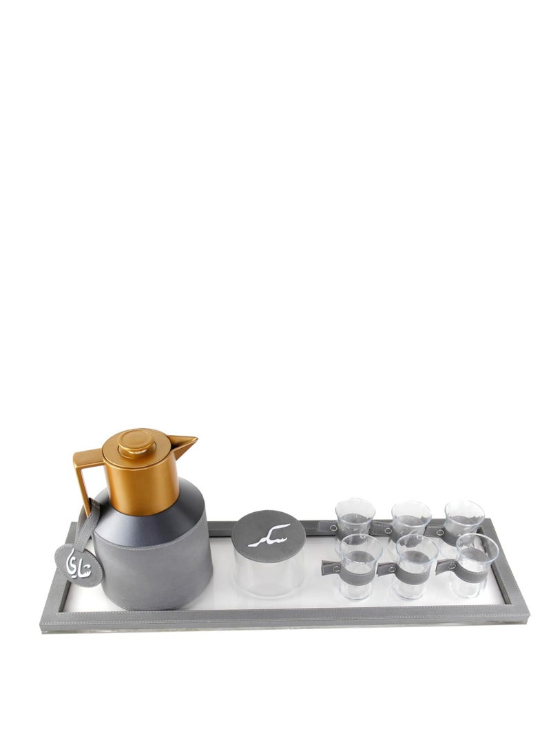 LAMSIT IBDAA Coffee Thermo Flask | Coffee and Tea Vacuum Pot - 1.0 Litre Dallah Arabic Carafe – Drink Cups – Leather Hospitality Set - Heat Insulated Dalla (Grey, Set of tea with rectangular tray) - Image 2