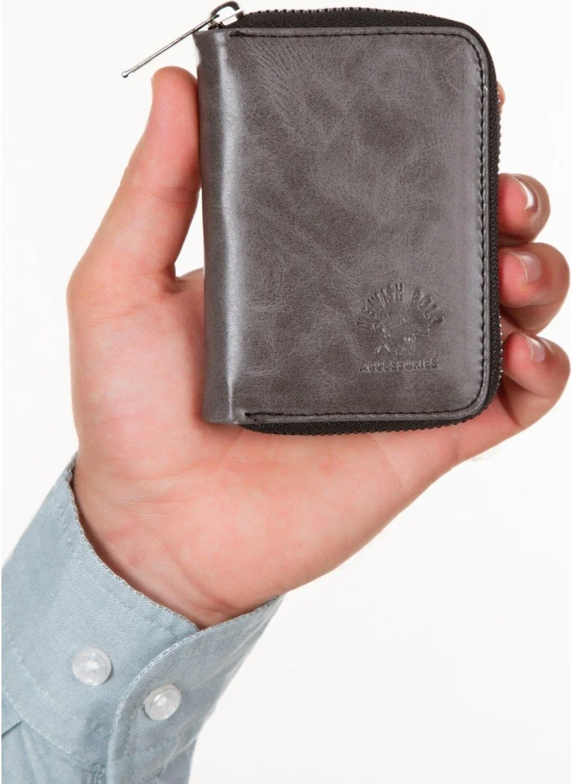Newish Polo Newishpolo Crazy Vegan Leather Zippered Wallet with Banknotes and Card Holder Gray