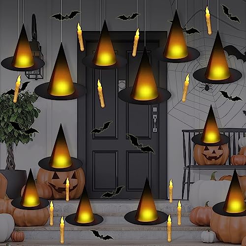 TREWAVE Black Halloween Witch Hat with Light Floating Light Up Witch Hats with Flameless Taper Candles with Common Remote 3D Bats Wall Stickers Decorations Witch Costume Accessory for Halloween Party - Image 1