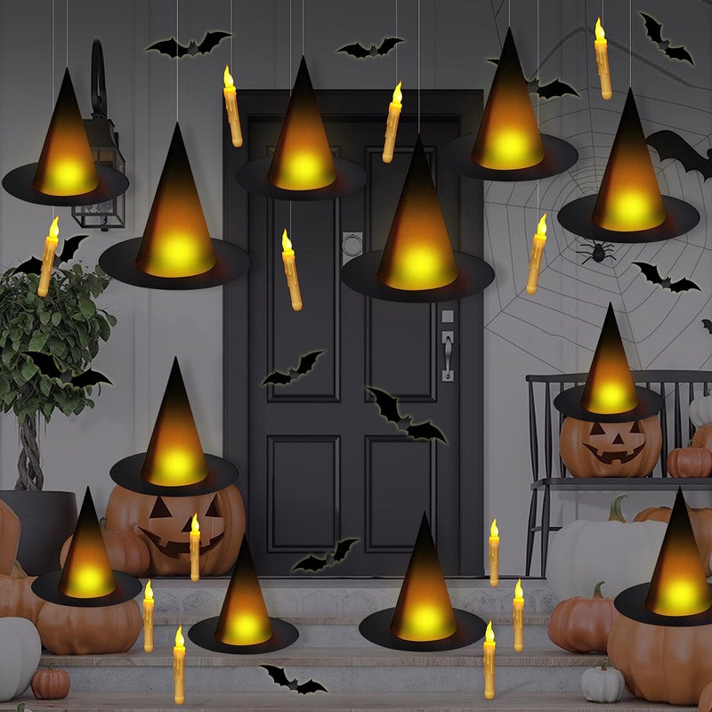 TREWAVE Black Halloween Witch Hat with Light Floating Light Up Witch Hats with Flameless Taper Candles with Common Remote 3D Bats Wall Stickers Decorations Witch Costume Accessory for Halloween Party - Image 2