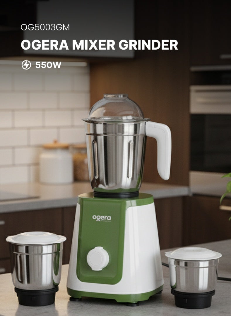 أوجيرا خلاط ومطحنة 3-في-1 من أوجيرا – موتور نحاسي قوي 550 واط، مع 3 عبوات من الستانلس ستيل وشفرات حادة | مثالي للعصائر، الميلك شيك، طحن المكسرات والتوابل | 3 سرعات تشغيل | سهل التنظيف | ضمان سنتين – موديل OG5003GM - Image 1