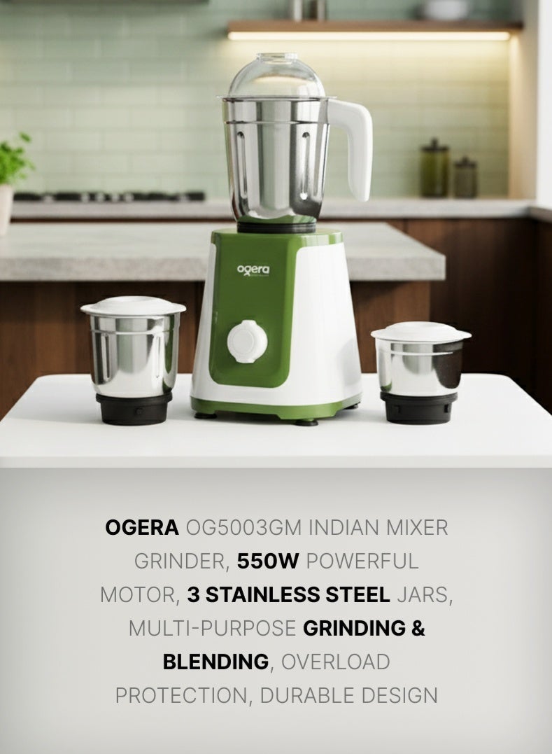 أوجيرا خلاط ومطحنة 3-في-1 من أوجيرا – موتور نحاسي قوي 550 واط، مع 3 عبوات من الستانلس ستيل وشفرات حادة | مثالي للعصائر، الميلك شيك، طحن المكسرات والتوابل | 3 سرعات تشغيل | سهل التنظيف | ضمان سنتين – موديل OG5003GM - Image 2