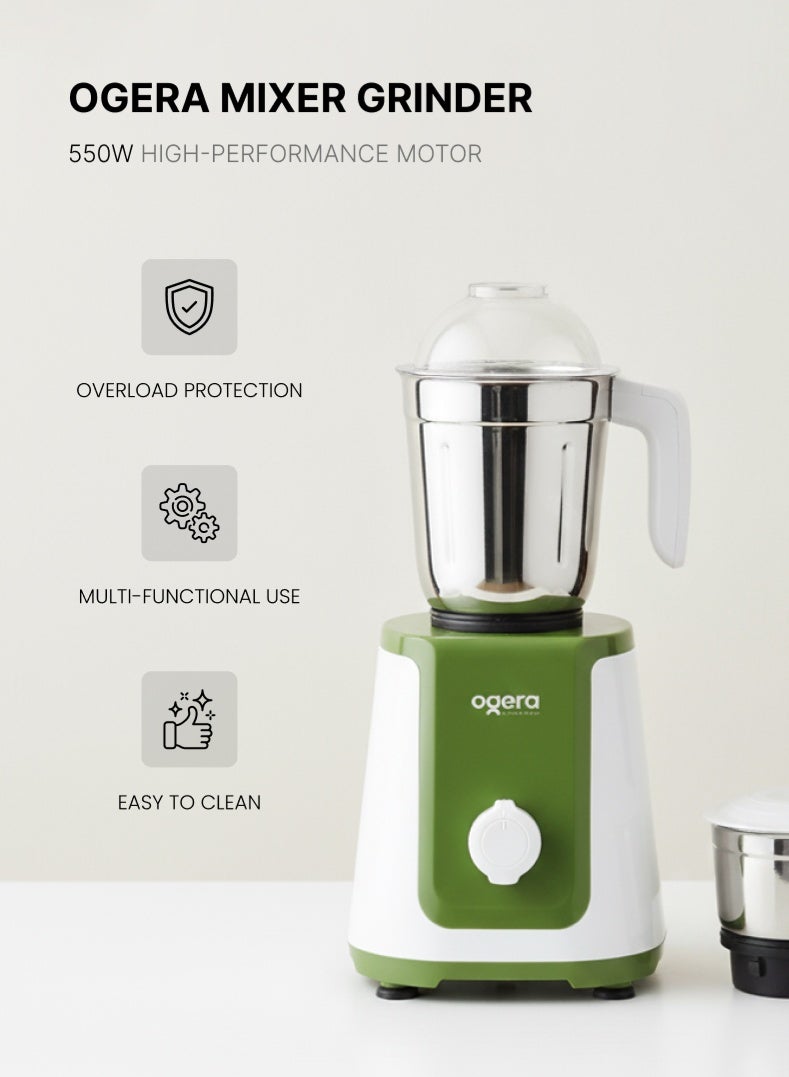 أوجيرا خلاط ومطحنة 3-في-1 من أوجيرا – موتور نحاسي قوي 550 واط، مع 3 عبوات من الستانلس ستيل وشفرات حادة | مثالي للعصائر، الميلك شيك، طحن المكسرات والتوابل | 3 سرعات تشغيل | سهل التنظيف | ضمان سنتين – موديل OG5003GM - Image 4