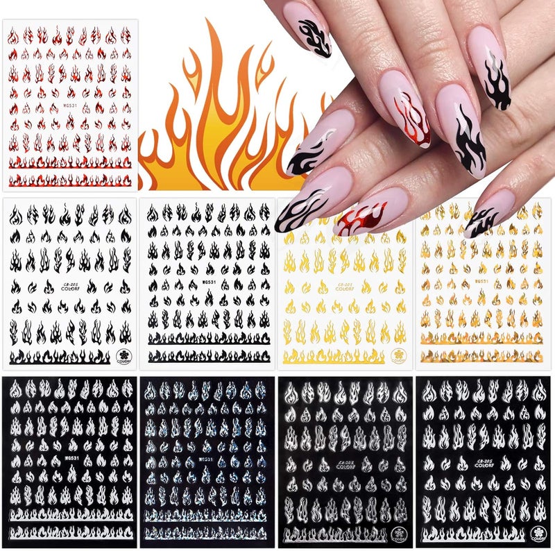 9 Sheets Flame Nail Stickers Decals, TOROKOM 3D Holographic Self-Adhesive Fire Nail Decals White Black Silver Gold Red Flame Nail Art Stickers Nail Art Supplies for Nail Decor