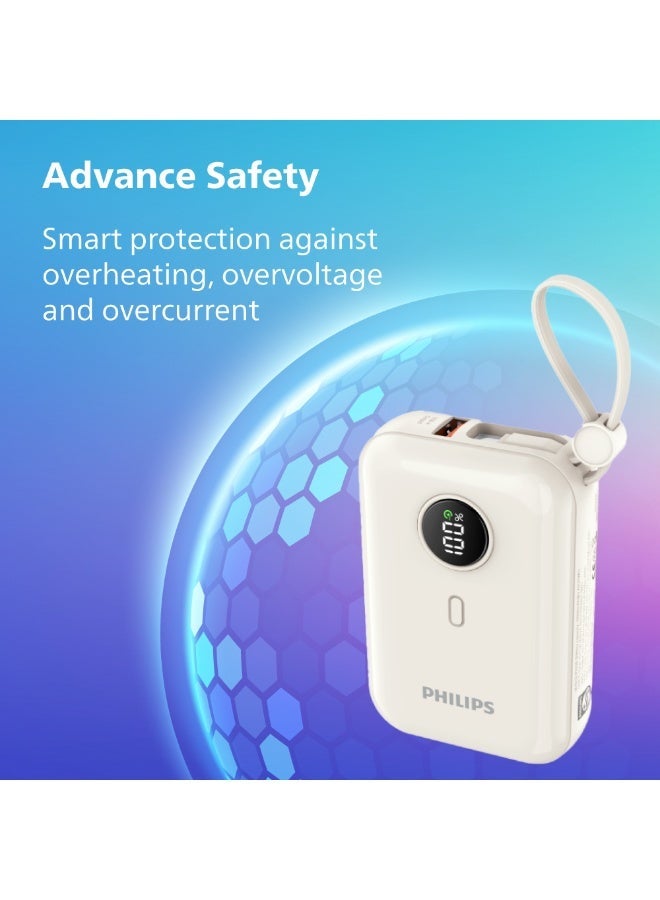Philips 10000mAh Fast Charging Power Bank 22.5W(DLP2228CW/00) – Dual Built-in USB-C Cables, USB-A & USB-C Output, LED Display – White - Image 3