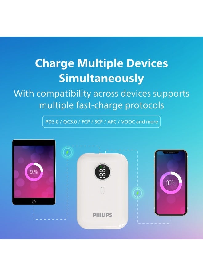 Philips 10000mAh Fast Charging Power Bank 22.5W(DLP2228CW/00) – Dual Built-in USB-C Cables, USB-A & USB-C Output, LED Display – White - Image 5