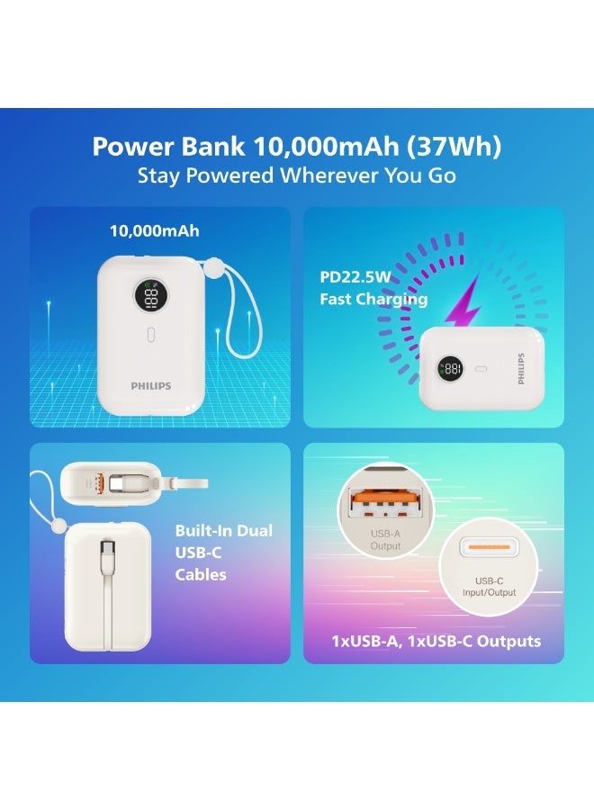 Philips 10000mAh Fast Charging Power Bank 22.5W(DLP2228CW/00) – Dual Built-in USB-C Cables, USB-A & USB-C Output, LED Display – White - Image 2
