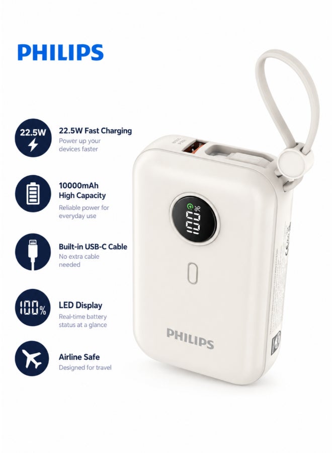 Philips 10000mAh Fast Charging Power Bank 22.5W(DLP2228CW/00) – Dual Built-in USB-C Cables, USB-A & USB-C Output, LED Display – White - Image 1
