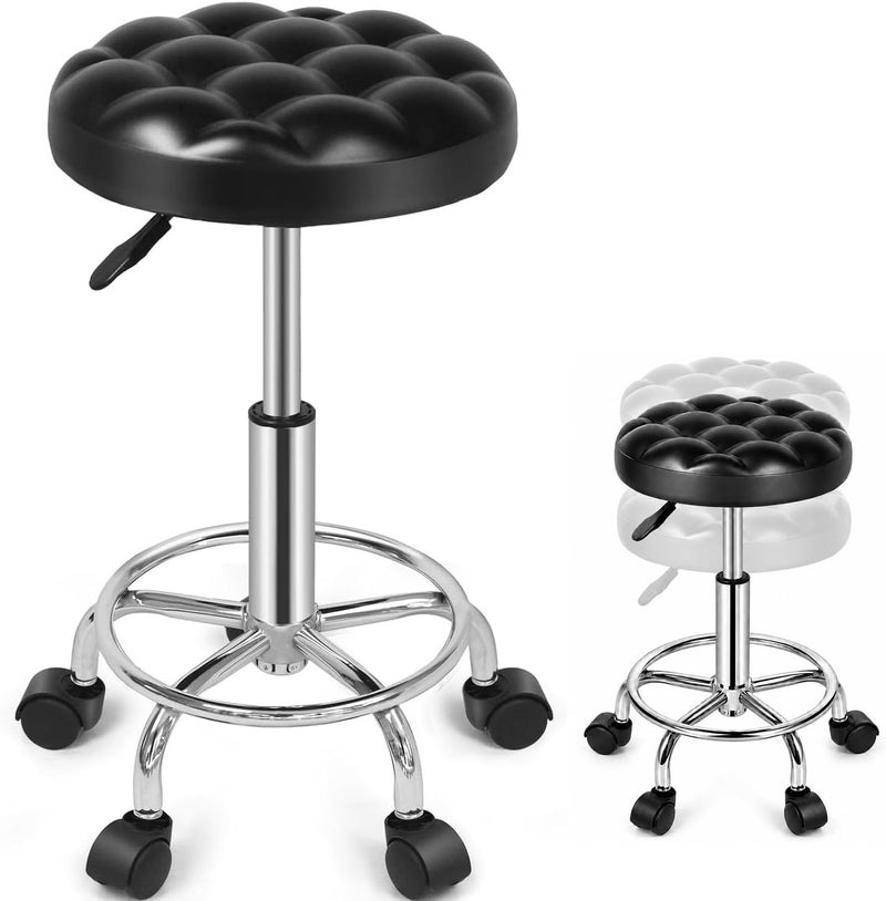 SKY-TOUCH Round Rolling Stool: Vanity Chair with PU Leather Height Adjustable 360° Swivel Stool with Wheels for Office Home Drafting Work Studio Shop SPA Salon - Image 1