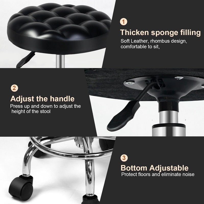 SKY-TOUCH Round Rolling Stool: Vanity Chair with PU Leather Height Adjustable 360° Swivel Stool with Wheels for Office Home Drafting Work Studio Shop SPA Salon - Image 5