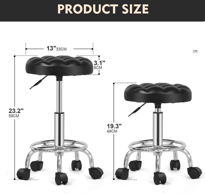SKY-TOUCH Round Rolling Stool: Vanity Chair with PU Leather Height Adjustable 360° Swivel Stool with Wheels for Office Home Drafting Work Studio Shop SPA Salon - Image 3