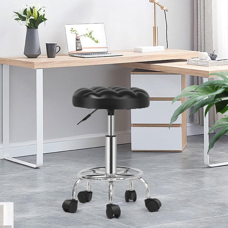 SKY-TOUCH Round Rolling Stool: Vanity Chair with PU Leather Height Adjustable 360° Swivel Stool with Wheels for Office Home Drafting Work Studio Shop SPA Salon - Image 2