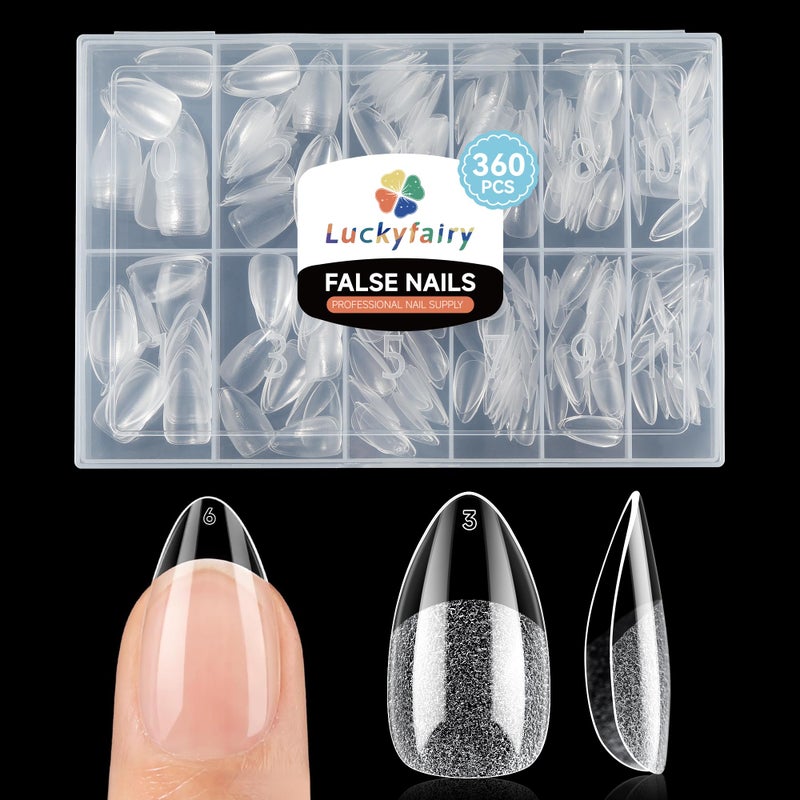 Luckyfairy Short Almond Gel Nail Tips 360Pcs, Pre Etched Nail Tips Almond Shape Full Cover Soft Gel Fake Nails for Nails Extension DIY Art Salon 12 Sizes - Image 1