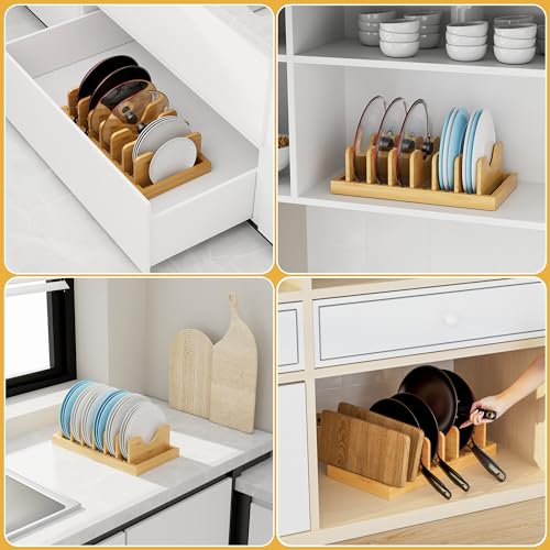 MinBoo Bamboo Pot Lid Organizer Pot Lid Holder, Pot and Pan Organizer Drawer Organizer for Pot Lids, Pans, Cutting Boards & Baking Sheets, Dinner Plates, Reusable Containers in Cabinet Storage - Image 4