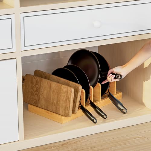 MinBoo Bamboo Pot Lid Organizer Pot Lid Holder, Pot and Pan Organizer Drawer Organizer for Pot Lids, Pans, Cutting Boards & Baking Sheets, Dinner Plates, Reusable Containers in Cabinet Storage - Image 2