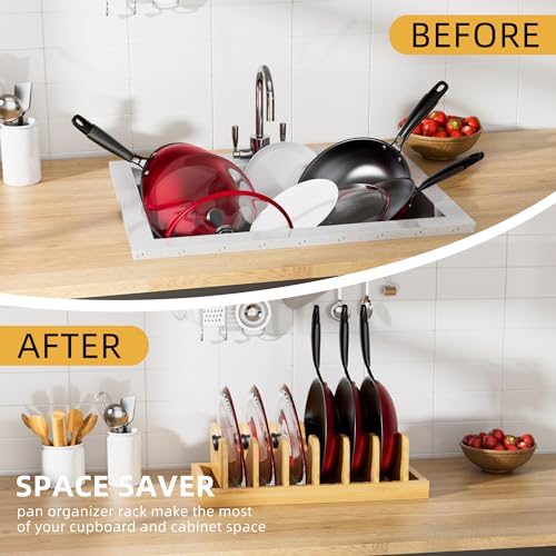 MinBoo Bamboo Pot Lid Organizer Pot Lid Holder, Pot and Pan Organizer Drawer Organizer for Pot Lids, Pans, Cutting Boards & Baking Sheets, Dinner Plates, Reusable Containers in Cabinet Storage - Image 3