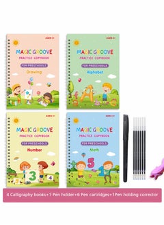 Magic Practice Copybook Set for Kids - 4 Reusable Handwriting Workbooks for English, Calligraphy, and Math Tracing with Magic Pen for Fun Learning and Skill Development.
