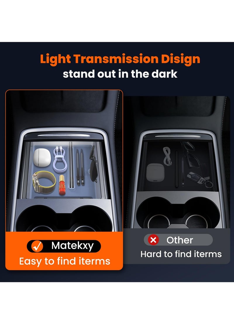 KASTWAVE - Center Console Organizer for Tesla Model Y/3 - Tidy Tray, Built-in Silicone Pads, Smooth Slide Technology, Light Translucent Design, Accessories for 2021/2022/2023 - Image 1
