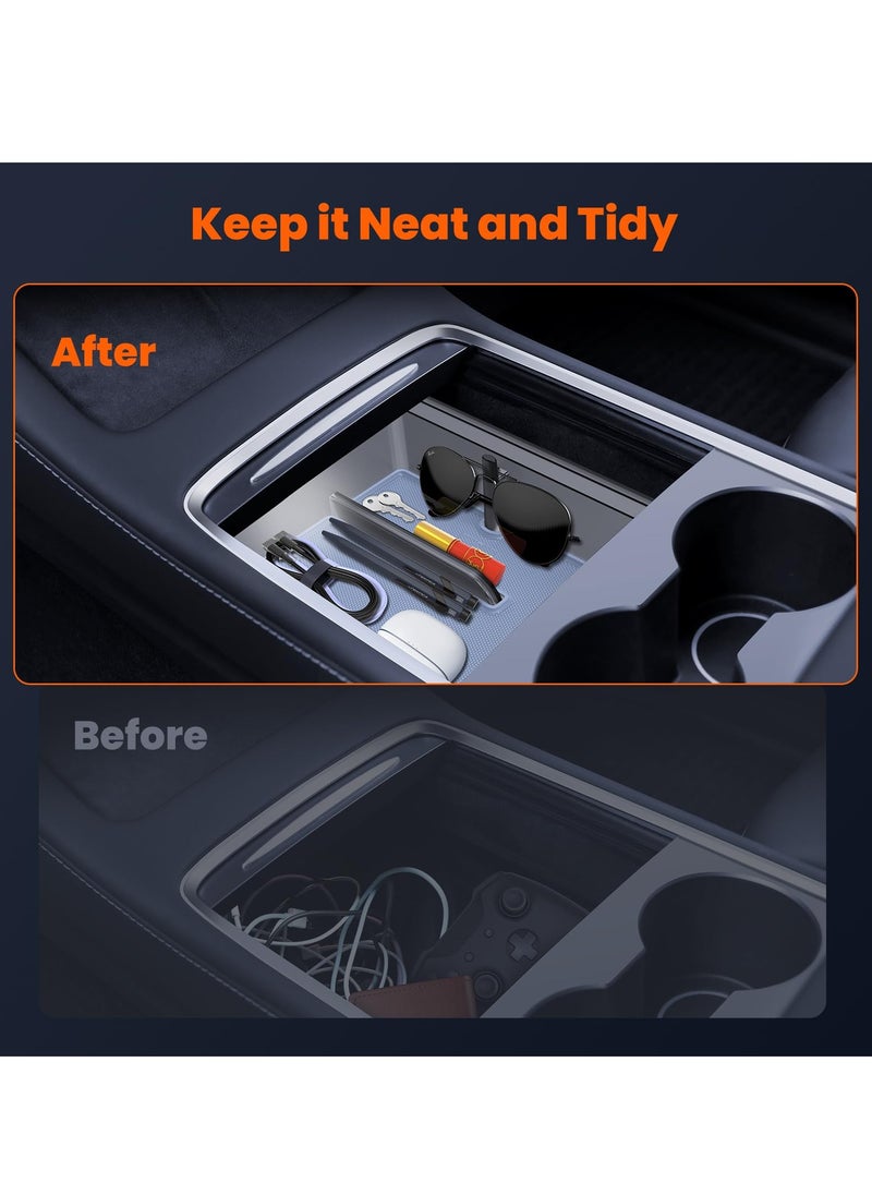 KASTWAVE - Center Console Organizer for Tesla Model Y/3 - Tidy Tray, Built-in Silicone Pads, Smooth Slide Technology, Light Translucent Design, Accessories for 2021/2022/2023 - Image 1