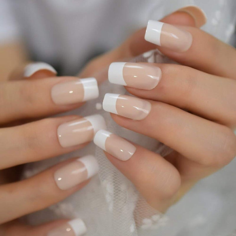 EchiQ Fake Nails Medium Size Square Squoval Shape Predesigned Press on Nail (Nude French Nails) - Image 3