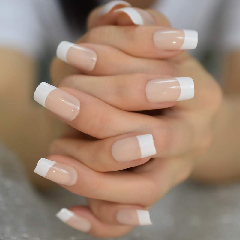 EchiQ Fake Nails Medium Size Square Squoval Shape Predesigned Press on Nail (Nude French Nails) - Image 5