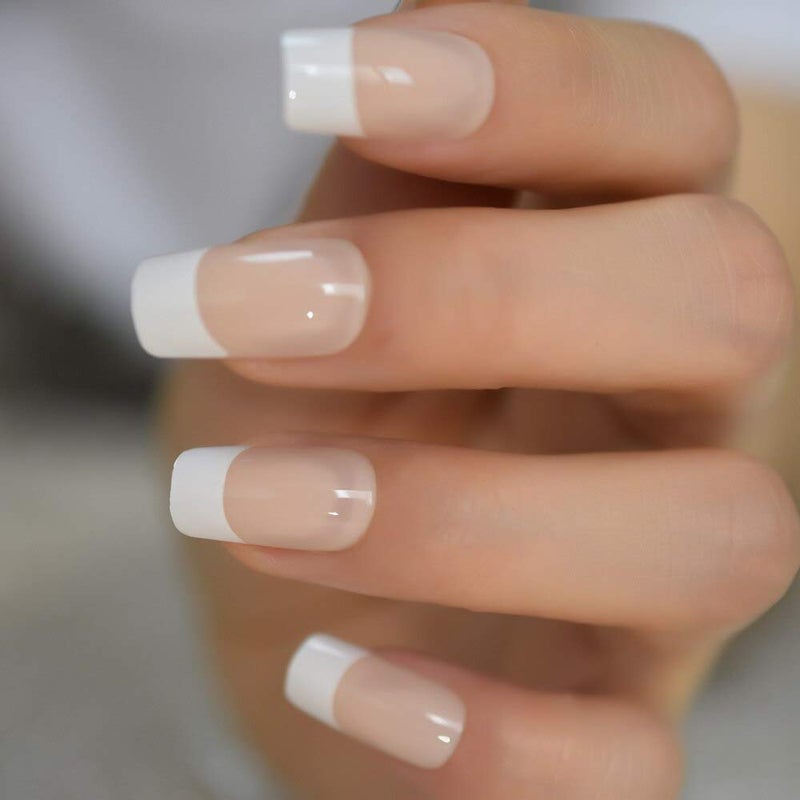 EchiQ Fake Nails Medium Size Square Squoval Shape Predesigned Press on Nail (Nude French Nails) - Image 1