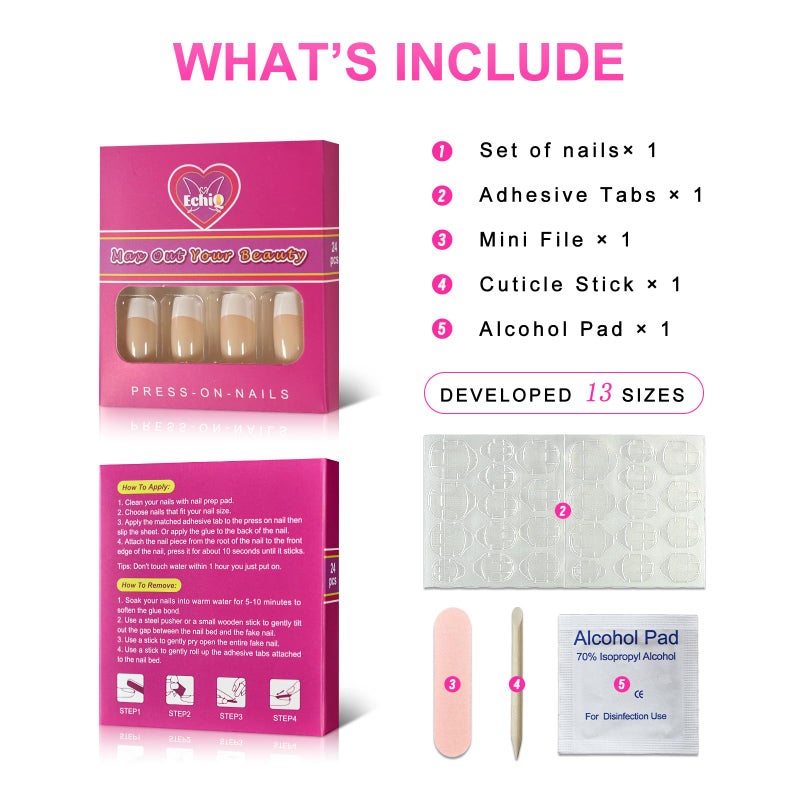 EchiQ Fake Nails Medium Size Square Squoval Shape Predesigned Press on Nail (Nude French Nails) - Image 2