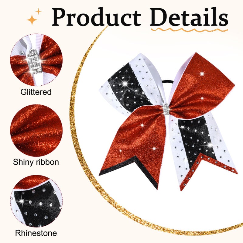 Aileam 8 PCS Large Glitter Cheer Bows 8" Rhinestones Hair Bows Sparkly Cheerleading Softball Team Bow Hair Ponytail Holder Accessories for cheerleaders football Competition Sports- Red Black - Image 2