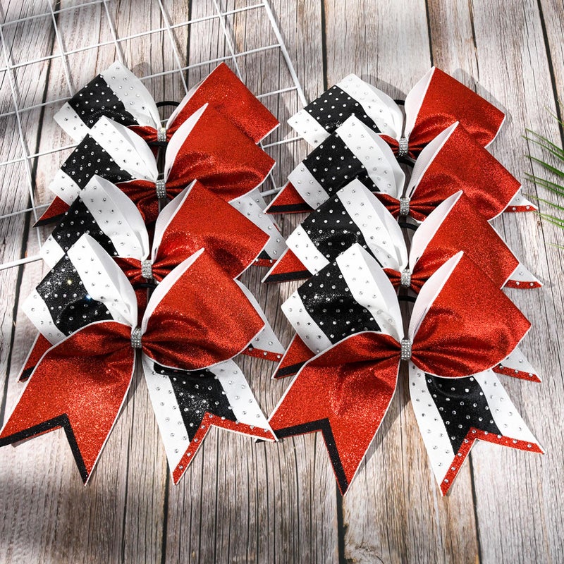 Aileam 8 PCS Large Glitter Cheer Bows 8" Rhinestones Hair Bows Sparkly Cheerleading Softball Team Bow Hair Ponytail Holder Accessories for cheerleaders football Competition Sports- Red Black - Image 3