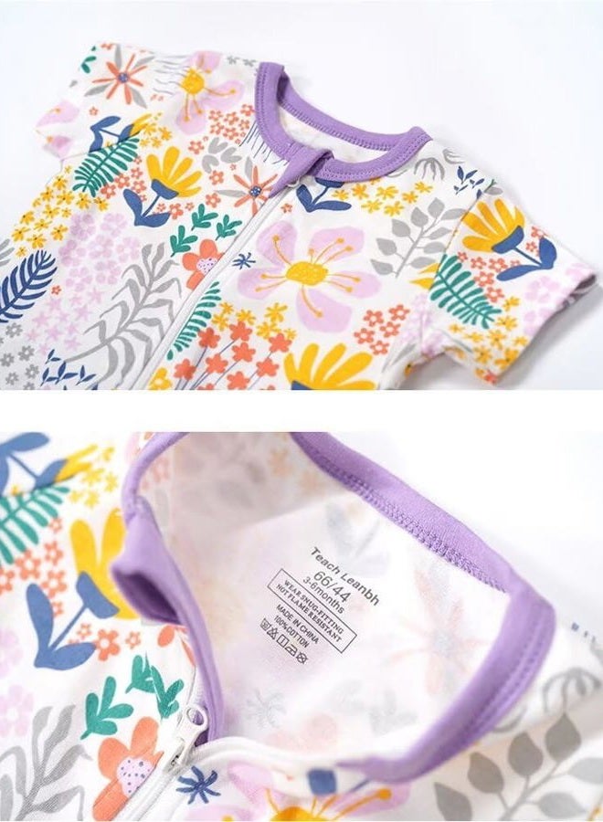Teach Leanbh Toddler Baby Boys Girls One Piece Pajamas Cotton 2 Way Zipper Printing Short Sleeve Footless Romper Sleep and Play 3 Months-4 Years (Flower, 3-6 Months) - Image 2