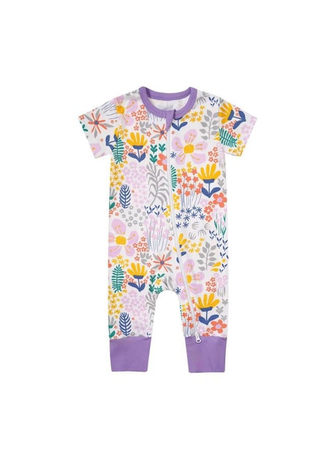 Teach Leanbh Toddler Baby Boys Girls One Piece Pajamas Cotton 2 Way Zipper Printing Short Sleeve Footless Romper Sleep and Play 3 Months-4 Years (Flower, 3-6 Months) - Image 1