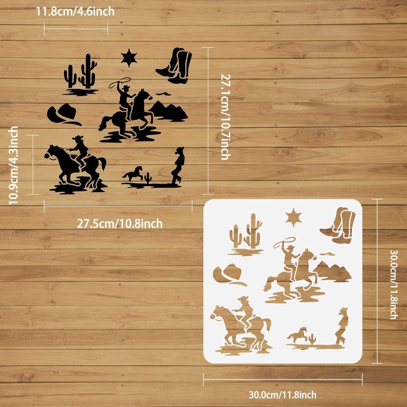 FINGERINSPIRE FINGERINSPIRE Western Cowboy Theme Stencil 11.8x11.8 inch Cowboys Riding Horse Painting Stencils Plastic Cactus Boots Hats Pattern Stencil Reusable Stencils for Painting on Wood, Floor, Wall and Tile - Image 2
