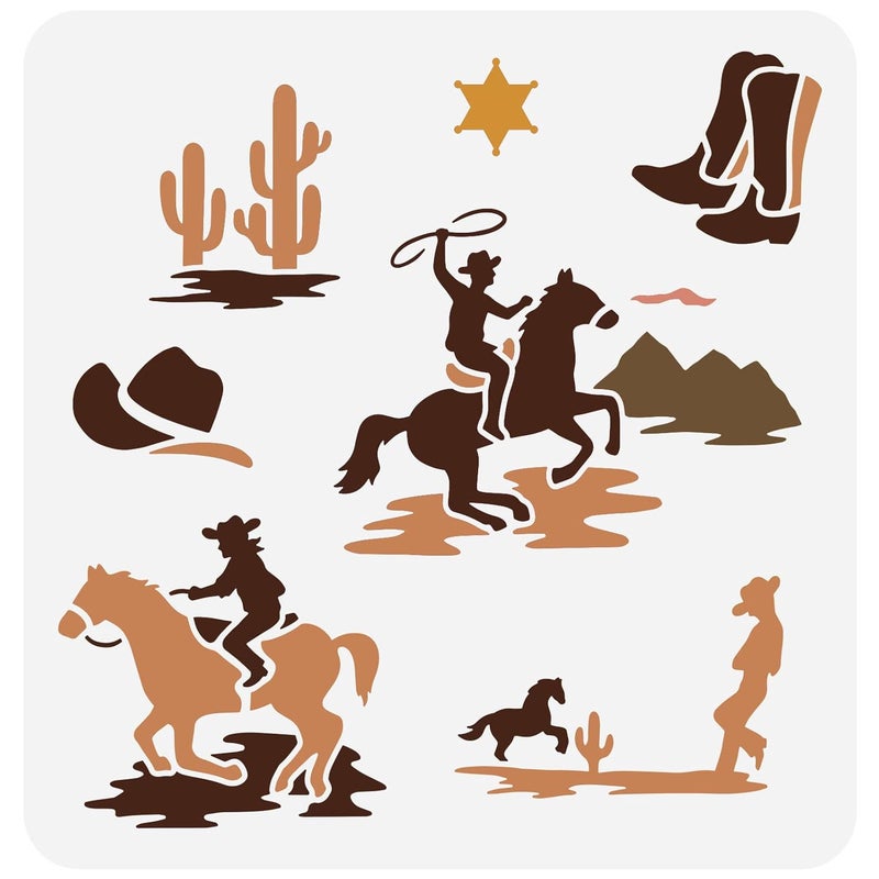 FINGERINSPIRE FINGERINSPIRE Western Cowboy Theme Stencil 11.8x11.8 inch Cowboys Riding Horse Painting Stencils Plastic Cactus Boots Hats Pattern Stencil Reusable Stencils for Painting on Wood, Floor, Wall and Tile - Image 1