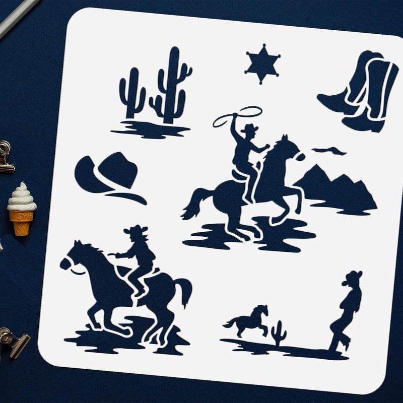 FINGERINSPIRE FINGERINSPIRE Western Cowboy Theme Stencil 11.8x11.8 inch Cowboys Riding Horse Painting Stencils Plastic Cactus Boots Hats Pattern Stencil Reusable Stencils for Painting on Wood, Floor, Wall and Tile - Image 3