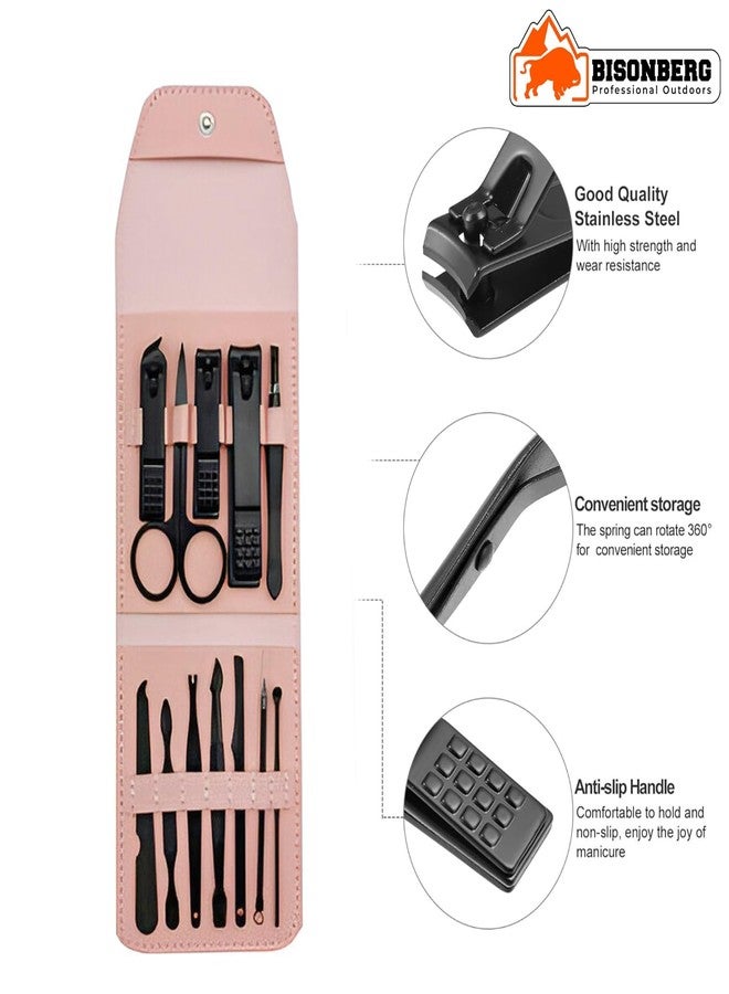 Bisonberg Manicure & Pedicure Set Nail Clippers, Stainless Steel Nail Scissors Grooming Kit, Acne needle, Nail Cutter Kit, Blackhead Tool Leather Travel Case - 12 in 1 - Image 2