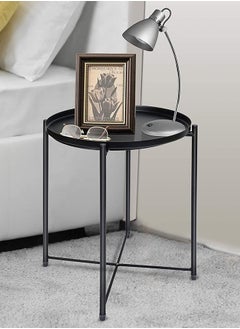 SKY-TOUCH Tray Table with Detachable Tray Top 42x42x53cm，Round Metal Coffee Table Waterproof Removable Tray Table，for Living Room Bedroom Balcony Office Black  - Image 3