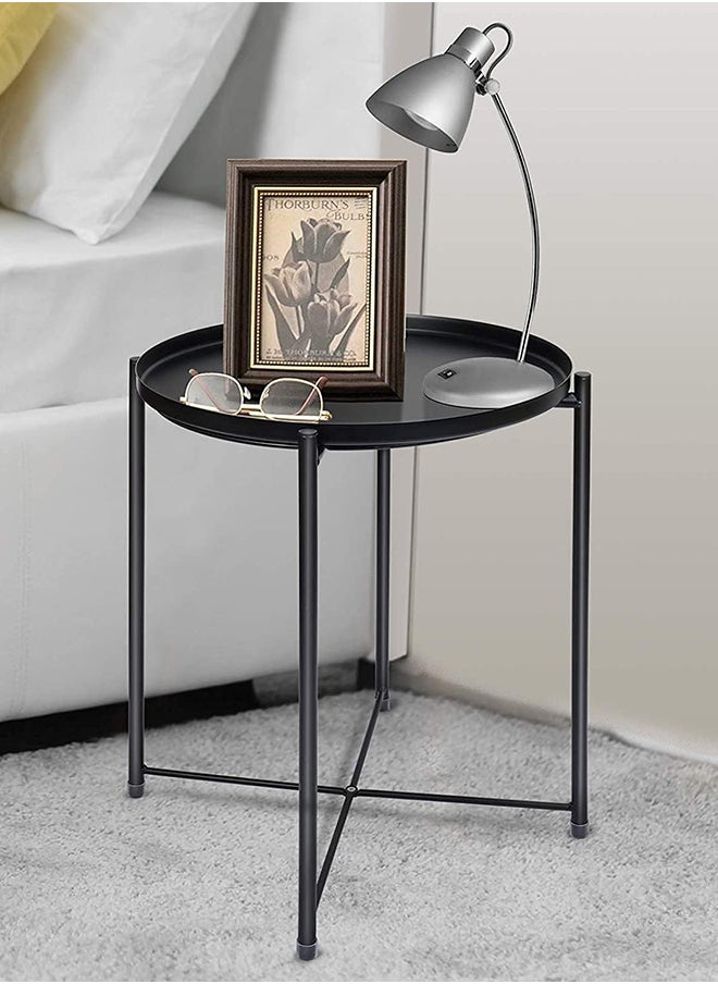 SKY-TOUCH Tray Table with Detachable Tray Top 42x42x53cm，Round Metal Coffee Table Waterproof Removable Tray Table，for Living Room Bedroom Balcony Office Black  - Image 3