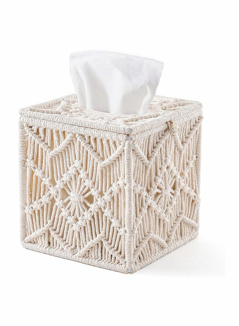 NIBEMINENT Square Tissue Box Cover, Boho Decor Paper Holder with Bead Buckle Macrame - Image 1