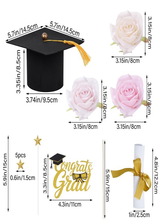 Fengek Graduation Cake Topper Set - Congrats Grad Cake Decorations with Graduation Cap, Diploma, Artificial Flower Toppers & Stars, Congrats Grad Decorations for 2026 Grad Party Cakes - Image 2