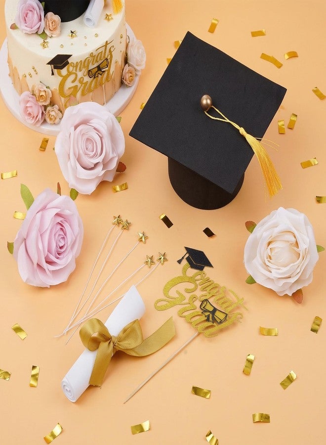Fengek Graduation Cake Topper Set - Congrats Grad Cake Decorations with Graduation Cap, Diploma, Artificial Flower Toppers & Stars, Congrats Grad Decorations for 2026 Grad Party Cakes - Image 4