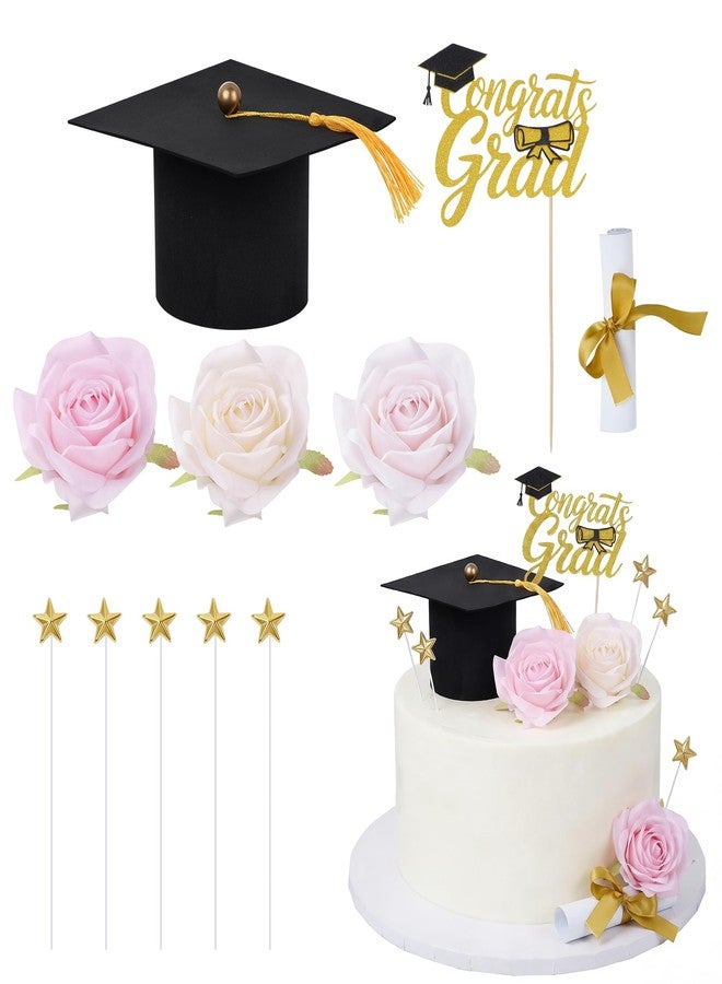 Fengek Graduation Cake Topper Set - Congrats Grad Cake Decorations with Graduation Cap, Diploma, Artificial Flower Toppers & Stars, Congrats Grad Decorations for 2026 Grad Party Cakes - Image 1