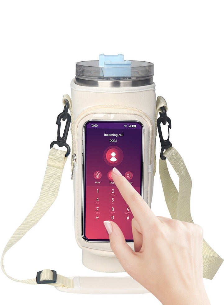 Water Bottle Carrier Bag with Strap for Stanley 40oz Tumbler with Handle, 2 Pocket Sling Neoprene Bottle Pouch Holder, Stanley Cup Accessories for Hiking Travelling Camping (White) - Image 1