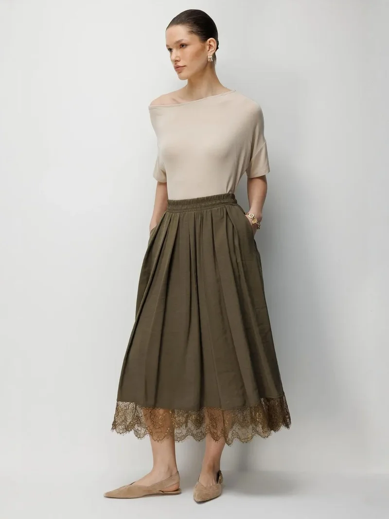 ميكسراي MIXRAY High Waist Midi Skirt with Embroidery