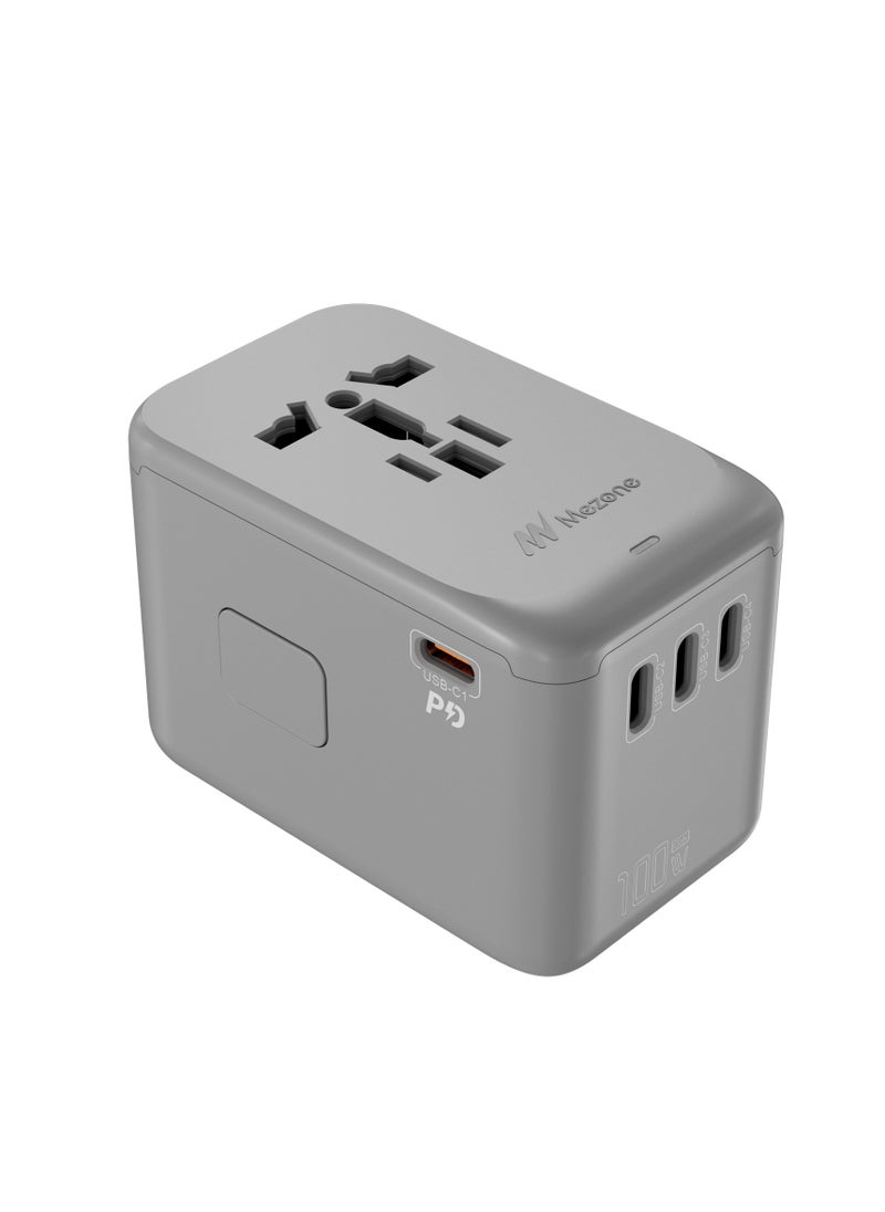 Mezone 100W Universal Adapter, Worldwide Travel Plug Adaptor with 1 USB A and 4 USB C Ports, International Travel Adapter for EU, UK, USA, AU, Power Socket for Multi Countries, Grey  - Image 1