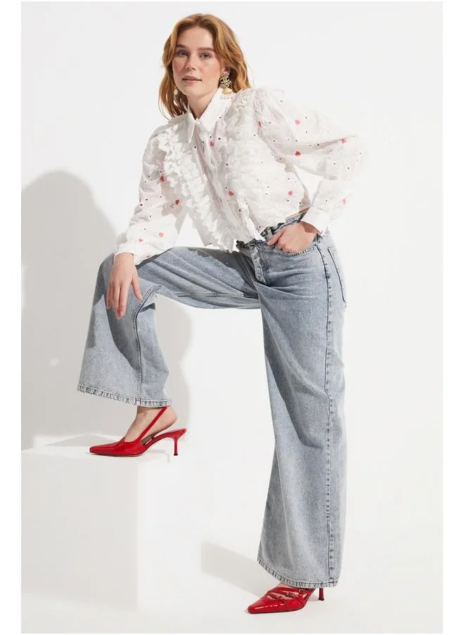 جون June Women Regular Fit Ruffle Detailed Laced 100% Cotton Shirt Fuchsia