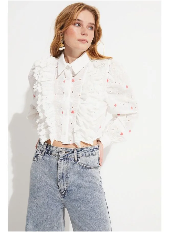جون June Women Regular Fit Ruffle Detailed Laced 100% Cotton Shirt Fuchsia