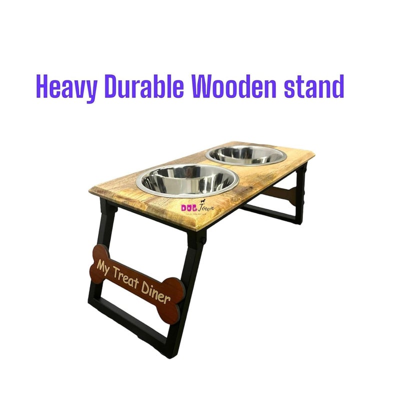 DOGTOWN Elevated Wooden Dog Bowl Stand with Dual Stainless Steel Bowls, My Treat Diner Engraved, Adjustable and Foldable Pet Feeding Station (Large) - Image 5