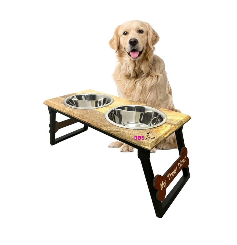 DOGTOWN Elevated Wooden Dog Bowl Stand with Dual Stainless Steel Bowls, My Treat Diner Engraved, Adjustable and Foldable Pet Feeding Station (Large) - Image 1
